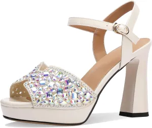 Platform Sandals Women Peep Toe Strappy Shoes Dressy Wide Comfortable Summer Chunky High Heels Rhinestone Crystal Ladies Fashion Wedge Stylish Thick 5 Inch Pumps