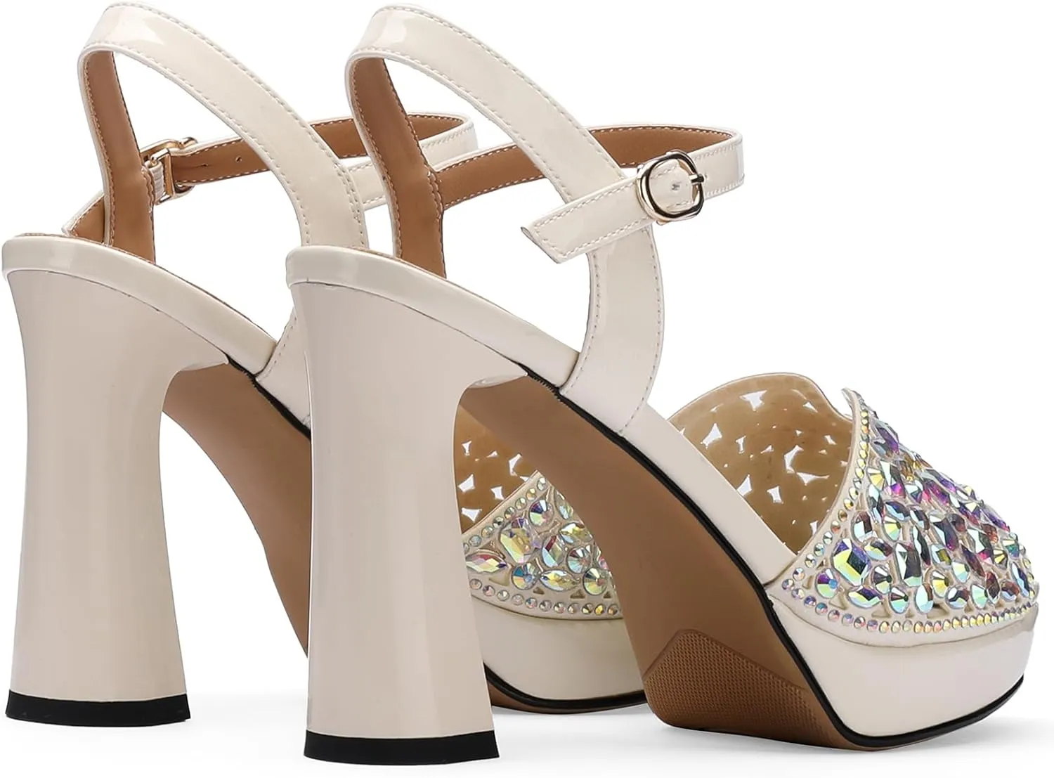 Platform Sandals Women Peep Toe Strappy Shoes Dressy Wide Comfortable Summer Chunky High Heels Rhinestone Crystal Ladies Fashion Wedge Stylish Thick 5 Inch Pumps
