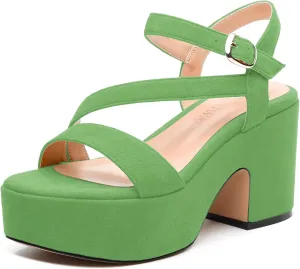 Platform Wedges Women - Chunky Heel Sandals with Adjustable Ankle Strap, Open Round Toe Solid Color for Office, Parties & Daily Wear