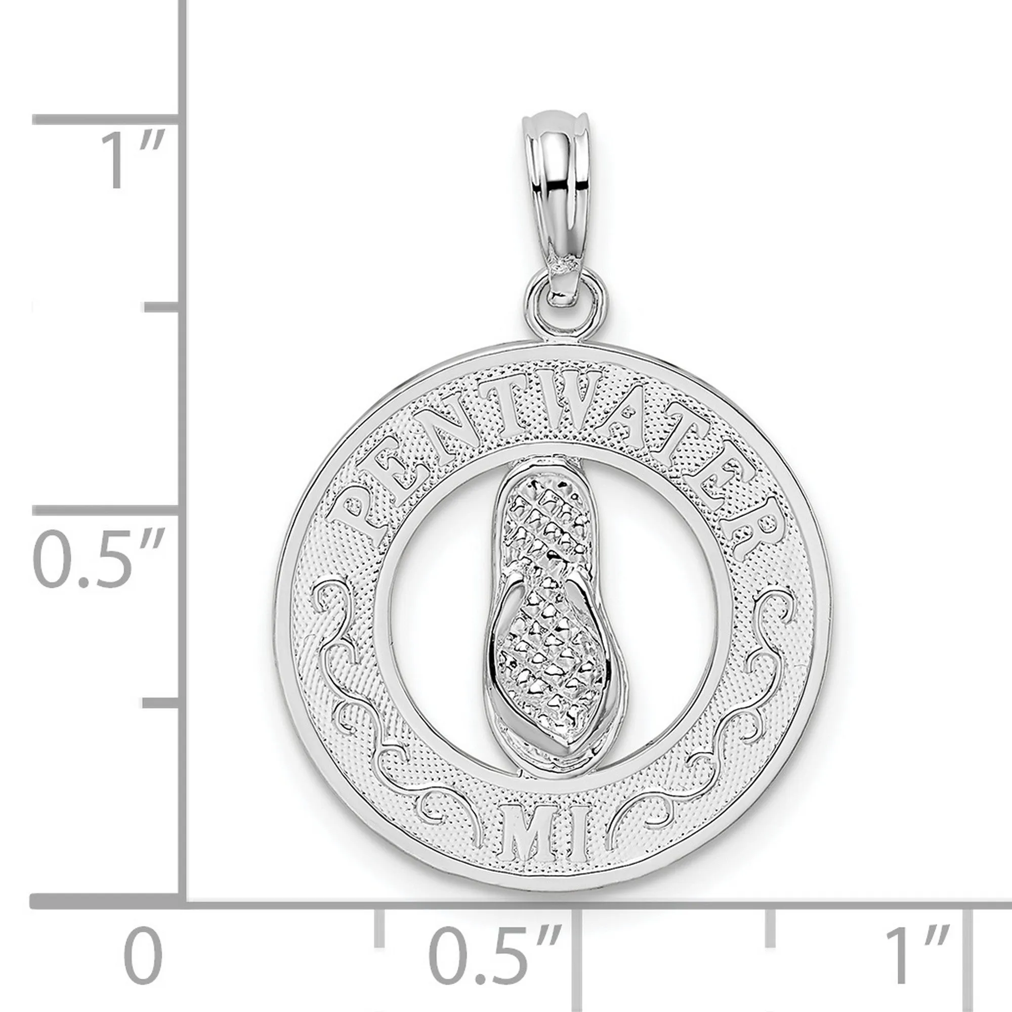 Polished Pentwater MI Circle with Flip Flop Charm Pendant in Real 925 Sterling Silver