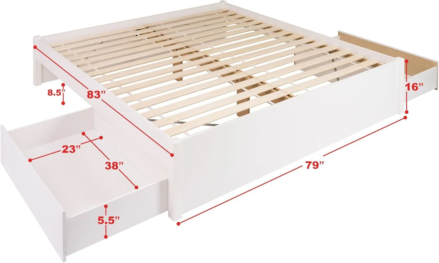 Prepac Select King 4-Post Raised Platform 2-Drawer Storage Bed, Modern King Storage Bed with Drawers 83" D x 79" W x 16" H, White, WBSK-1302-3K