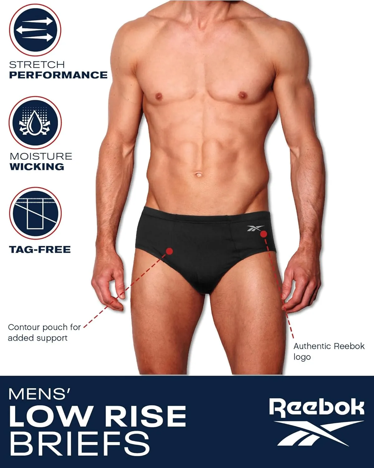 Reebok Low Rise Mens Briefs - 5 Pack Soft Cotton Underwear with Supportive Contour Pouch - Supportive Fit for Everyday Wear