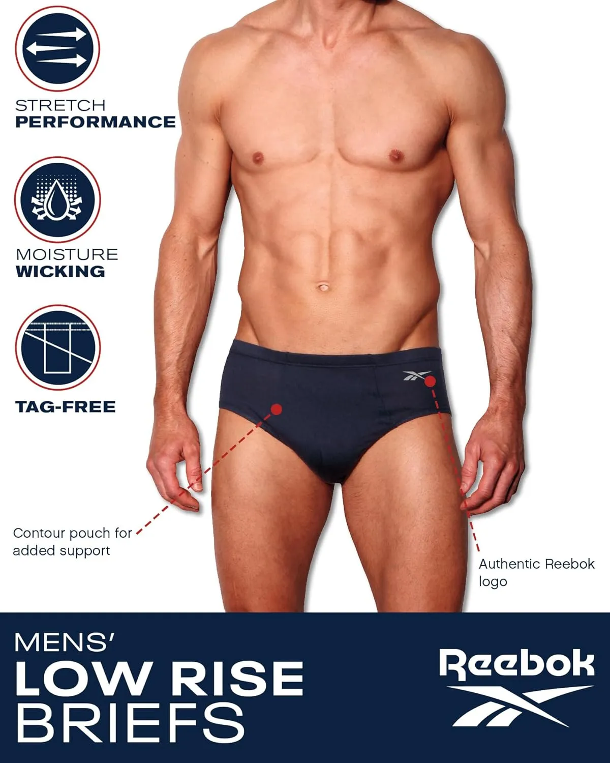 Reebok Low Rise Mens Briefs - 5 Pack Soft Cotton Underwear with Supportive Contour Pouch - Supportive Fit for Everyday Wear