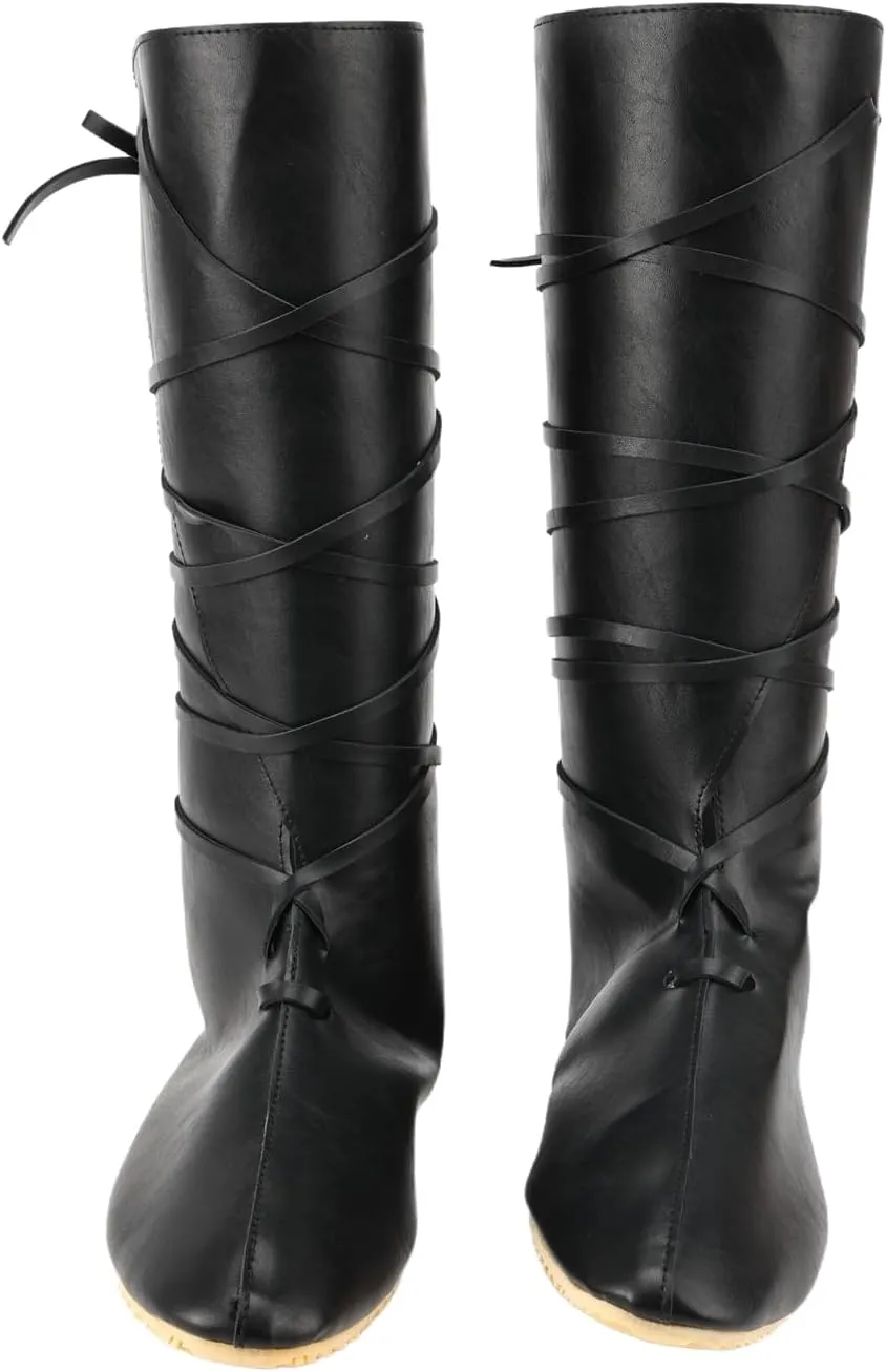 Renaissance Medieval Pirate Cosplay Halloween Boots Men Women PU Leather Mid Calf Lace Up Vintage Stage Viking Tied Shoes Boots