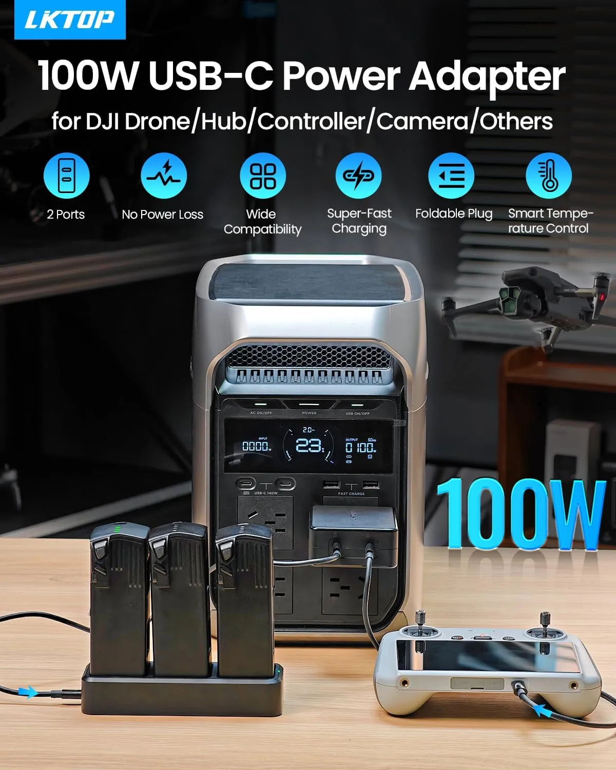 Replacement DJI 100W USB-C Power Adapter Dual Port Fast Charging Wall Battery Charger for DJI Mini/Air 3/Mavic 3/Mavic 4 Pro/Avata/Neo/Flip Series Drone/Hub/Controller/Camera (No Power Loss)