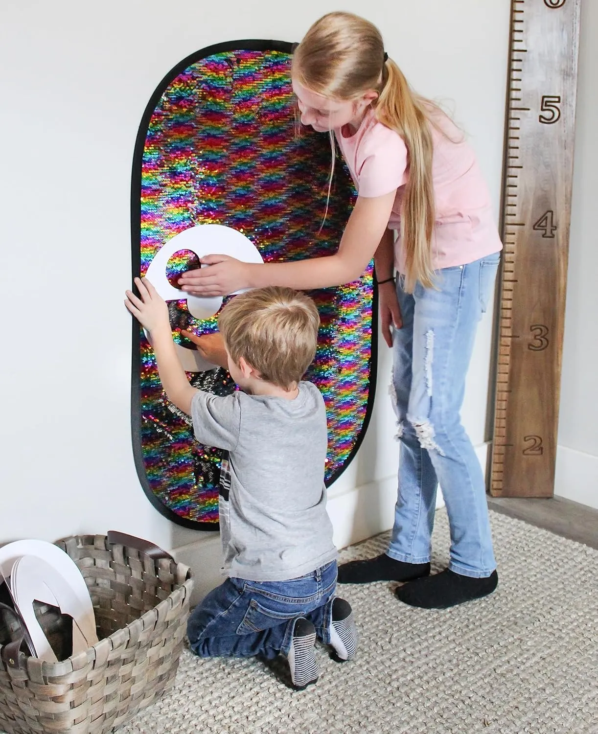 Reversible Sequins Wall Sensory Fun Toy W/ Shape Stencils & Travel Case, Jumbo Size 40 x 27 Inches