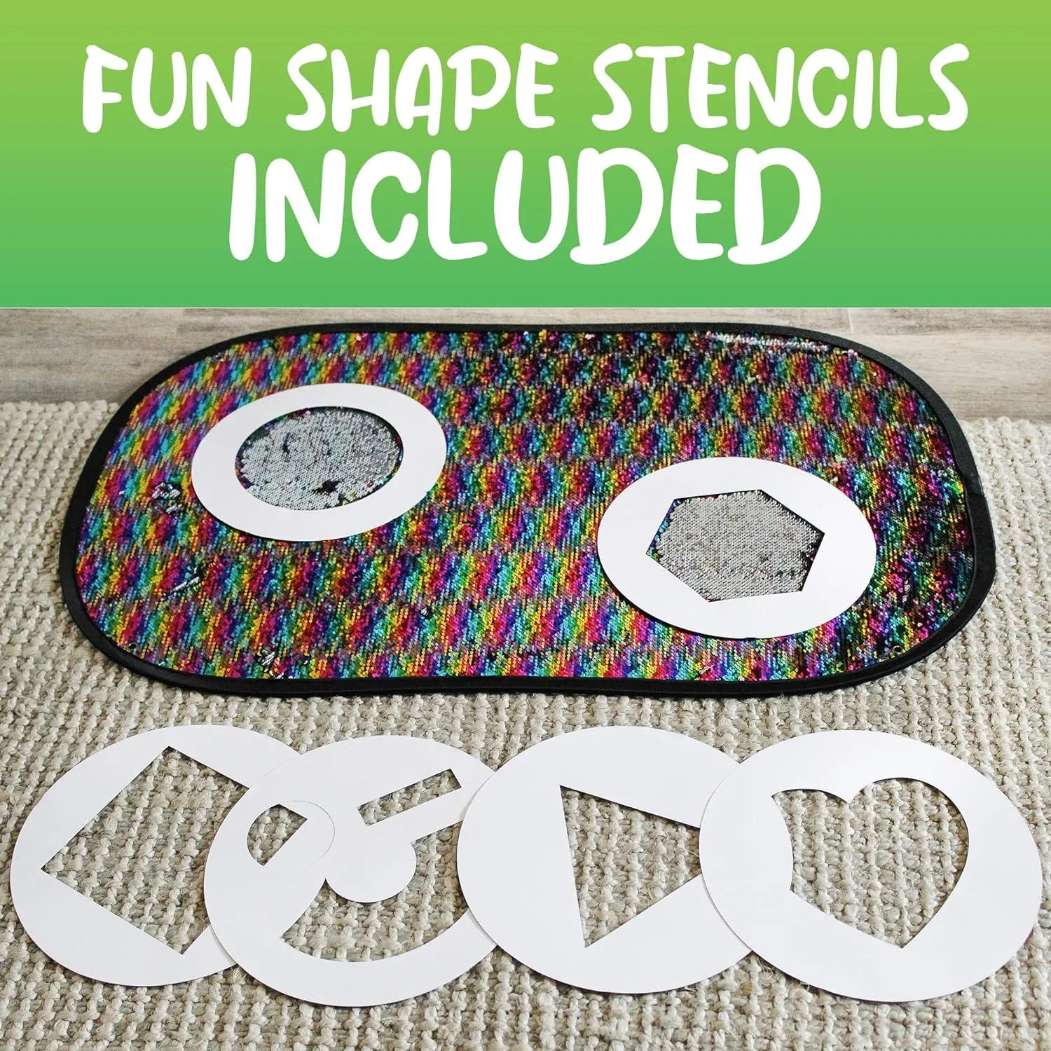 Reversible Sequins Wall Sensory Fun Toy W/ Shape Stencils & Travel Case, Jumbo Size 40 x 27 Inches