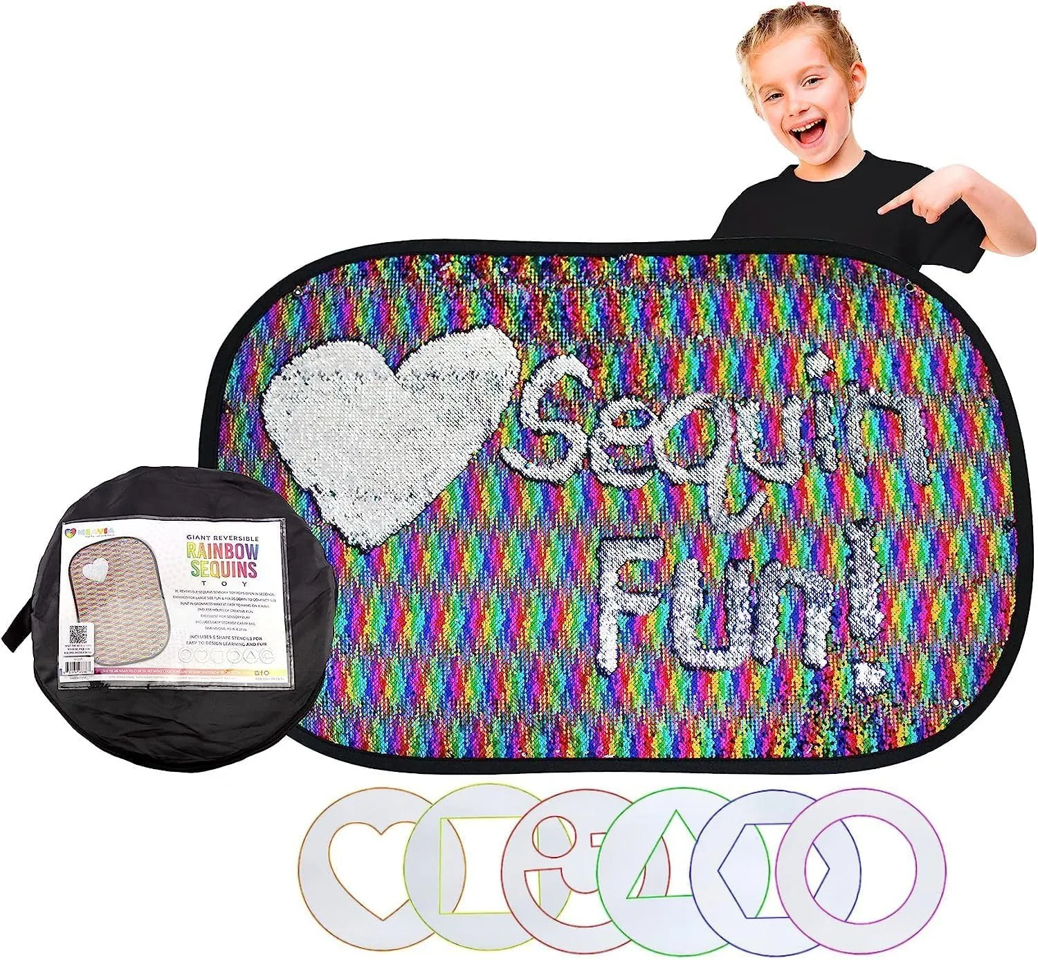 Reversible Sequins Wall Sensory Fun Toy W/ Shape Stencils & Travel Case, Jumbo Size 40 x 27 Inches