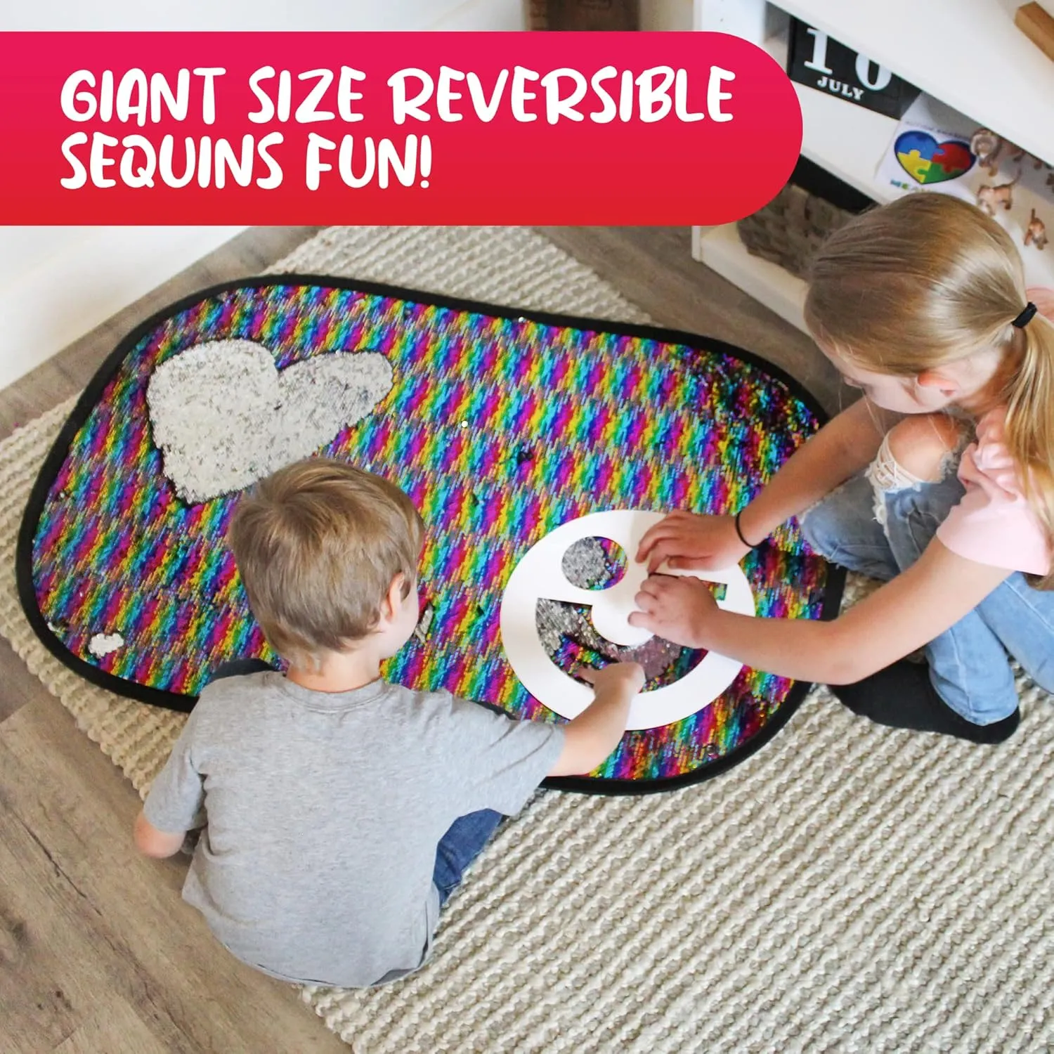 Reversible Sequins Wall Sensory Fun Toy W/ Shape Stencils & Travel Case, Jumbo Size 40 x 27 Inches