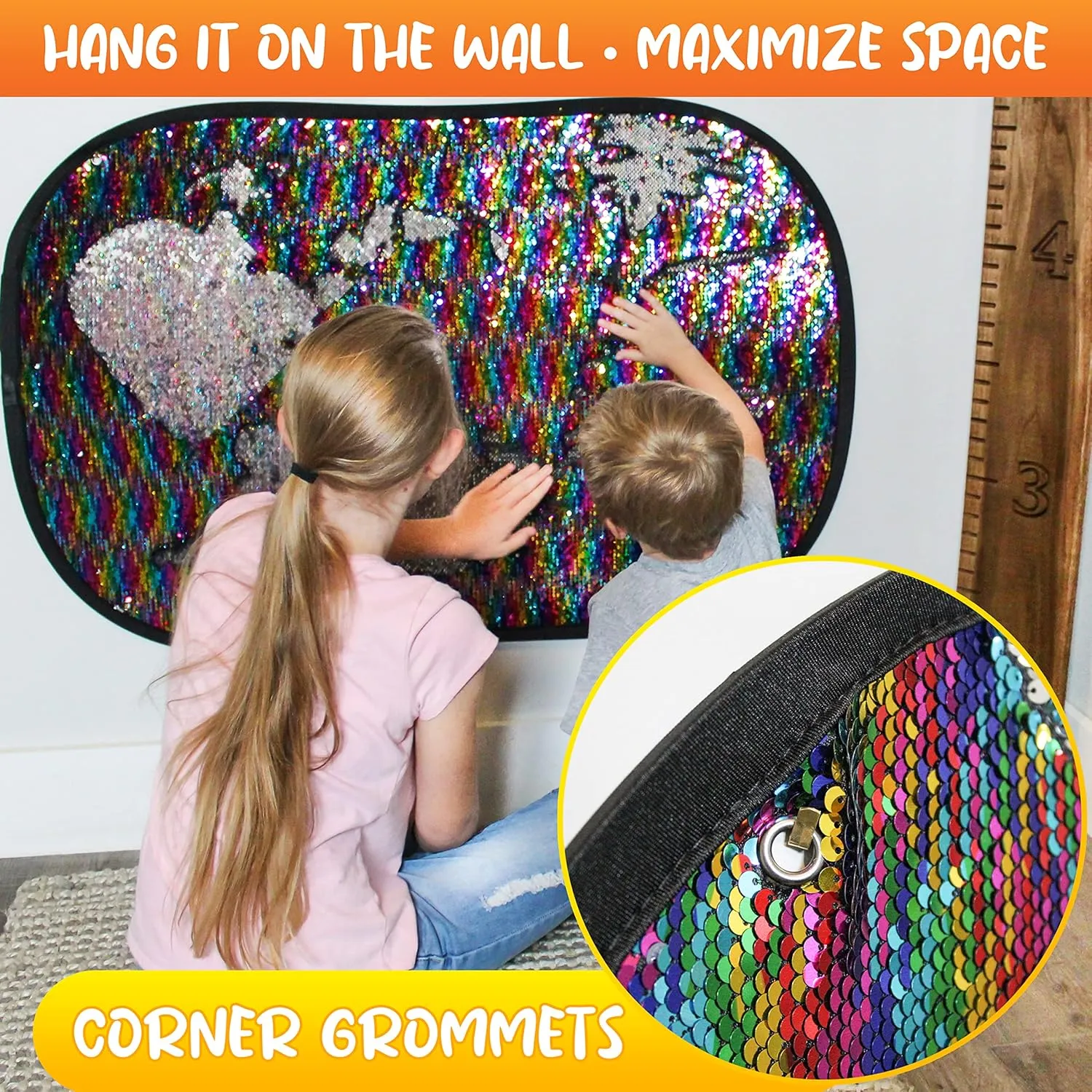 Reversible Sequins Wall Sensory Fun Toy W/ Shape Stencils & Travel Case, Jumbo Size 40 x 27 Inches