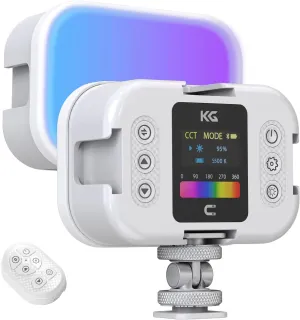 RGB Video Light, Rechargeable LED On-Camera Light with Soft Box, Adjustable Hue & Brightness, 2000 mAh, 4 Cold Shoe Slots, 1/4" Screw Mount Adapter, LED Screen Portable Phone Selfie Light
