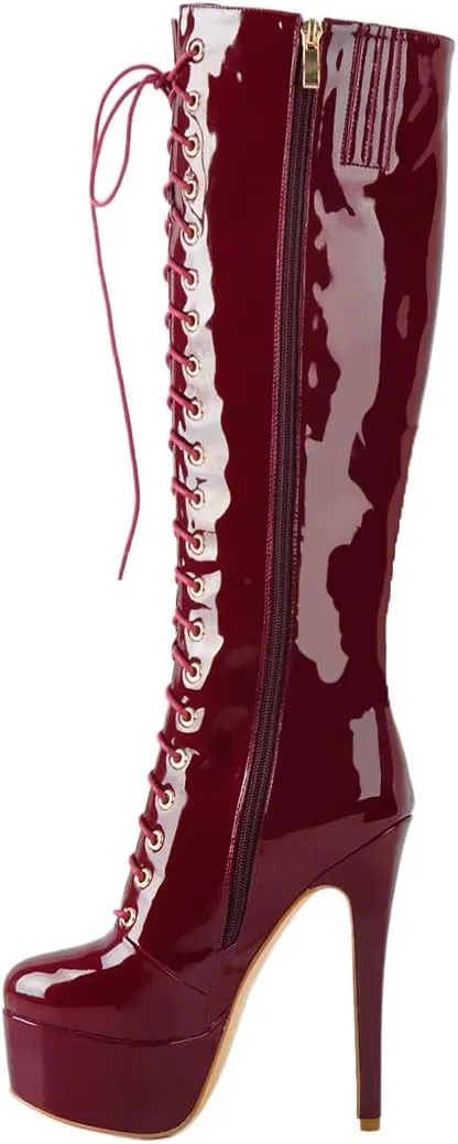 Richealnana Women's Platform Lace Up Stiletto High Heels Knee High Boots