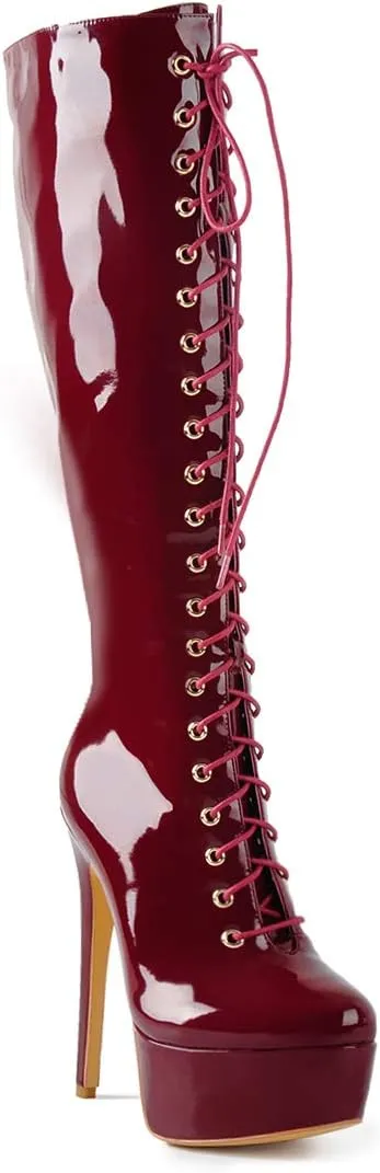 Richealnana Women's Platform Lace Up Stiletto High Heels Knee High Boots