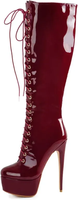 Richealnana Women's Platform Lace Up Stiletto High Heels Knee High Boots