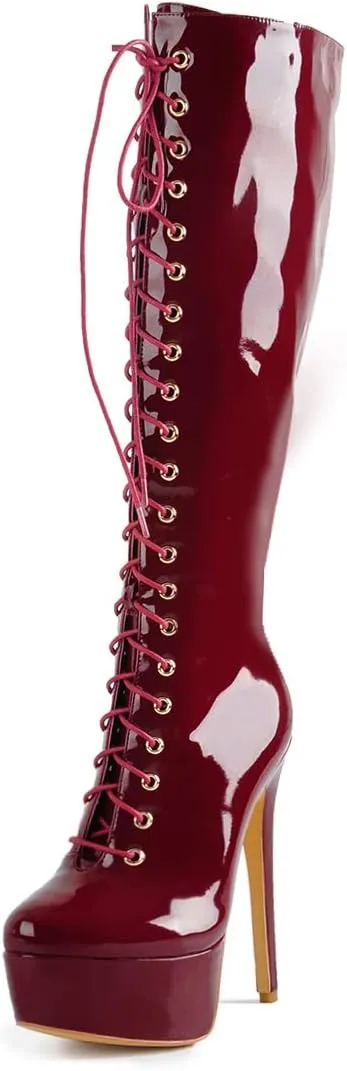 Richealnana Women's Platform Lace Up Stiletto High Heels Knee High Boots