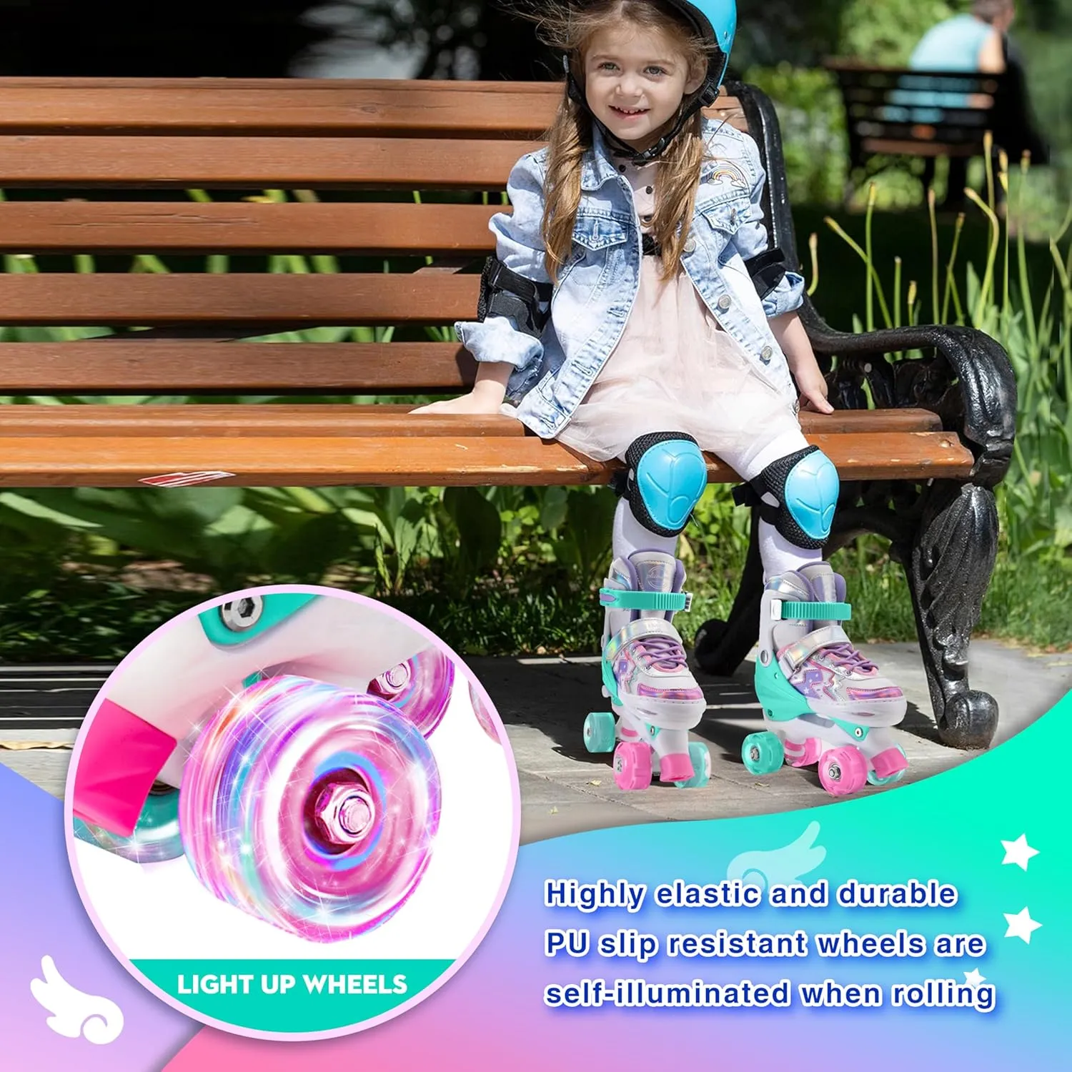 Roller Skates for Girls Boys Kids,4 Size Adjustable Light up Wheels,Birthday Gift for Indoor Outdoor Sports, Pink Blue Skates for Toddlers Age 3-12 Years Old