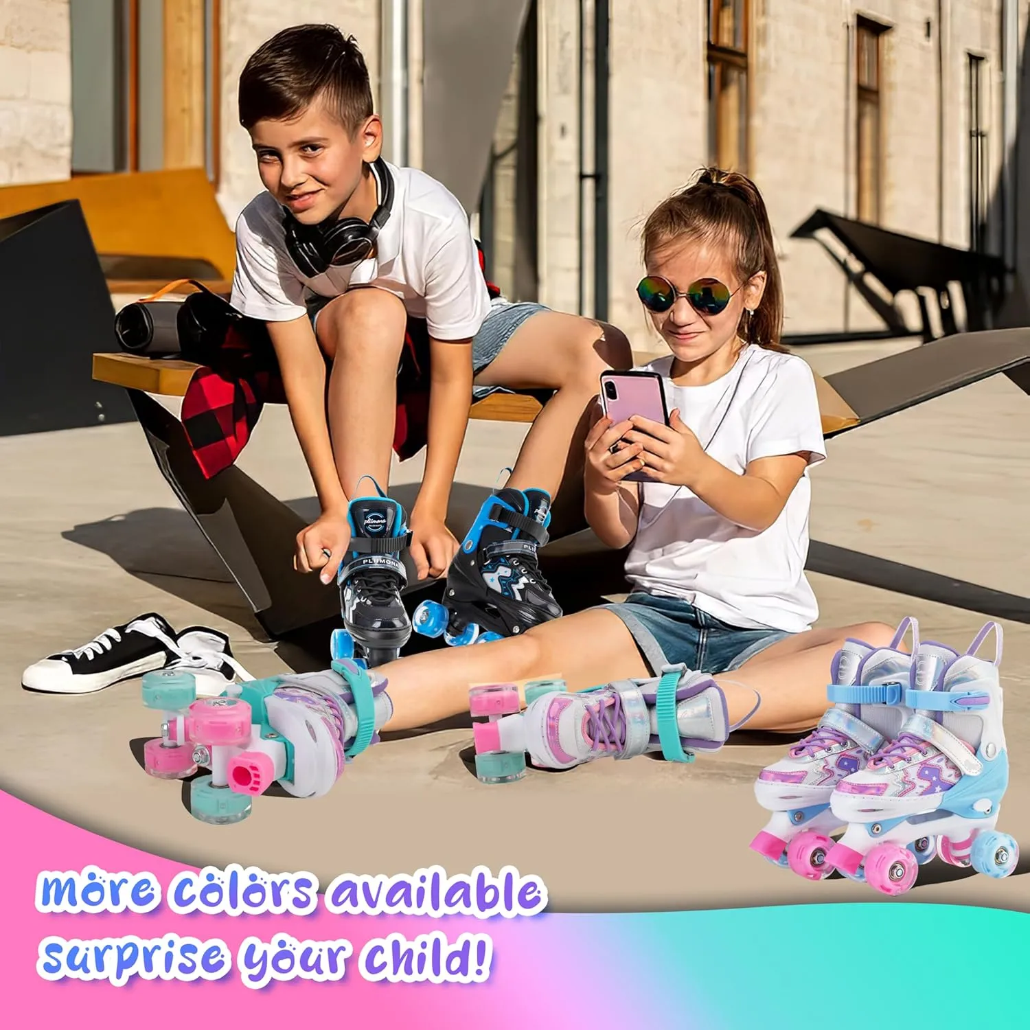 Roller Skates for Girls Boys Kids,4 Size Adjustable Light up Wheels,Birthday Gift for Indoor Outdoor Sports, Pink Blue Skates for Toddlers Age 3-12 Years Old