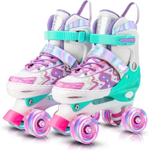 Roller Skates for Girls Boys Kids,4 Size Adjustable Light up Wheels,Birthday Gift for Indoor Outdoor Sports, Pink Blue Skates for Toddlers Age 3-12 Years Old