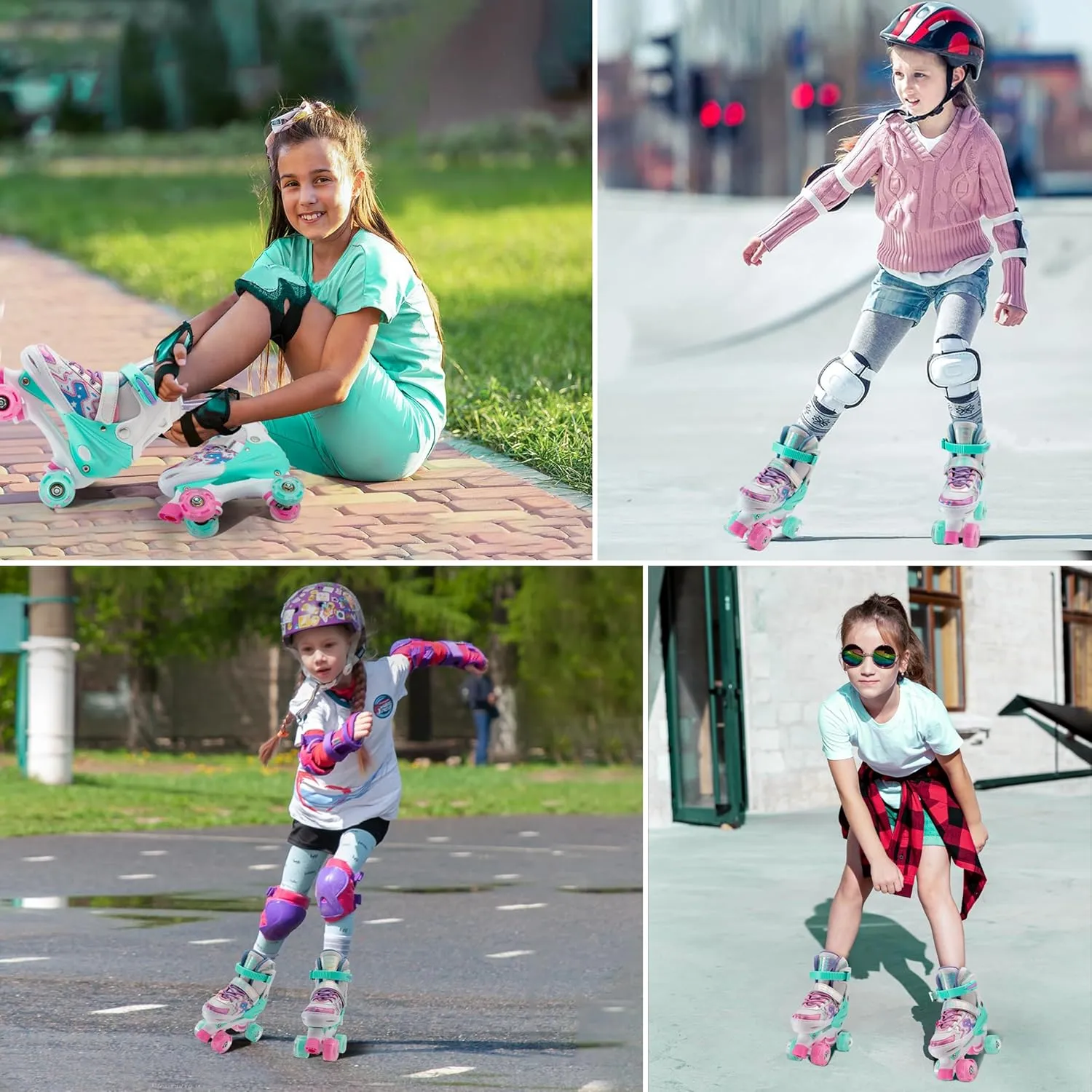 Roller Skates for Girls Boys Kids,4 Size Adjustable Light up Wheels,Birthday Gift for Indoor Outdoor Sports, Pink Blue Skates for Toddlers Age 3-12 Years Old