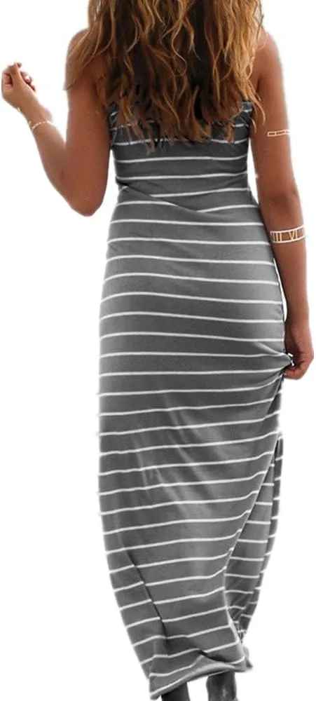 Roselux Women Sleeveless Scoop Neck Striped Maxi Sundresses Loose Racerback Long Dress