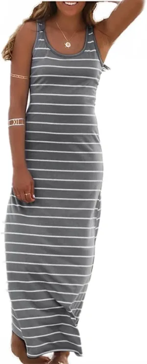 Roselux Women Sleeveless Scoop Neck Striped Maxi Sundresses Loose Racerback Long Dress