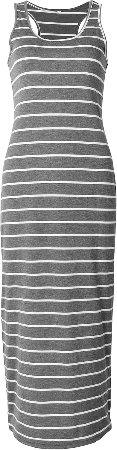 Roselux Women Sleeveless Scoop Neck Striped Maxi Sundresses Loose Racerback Long Dress