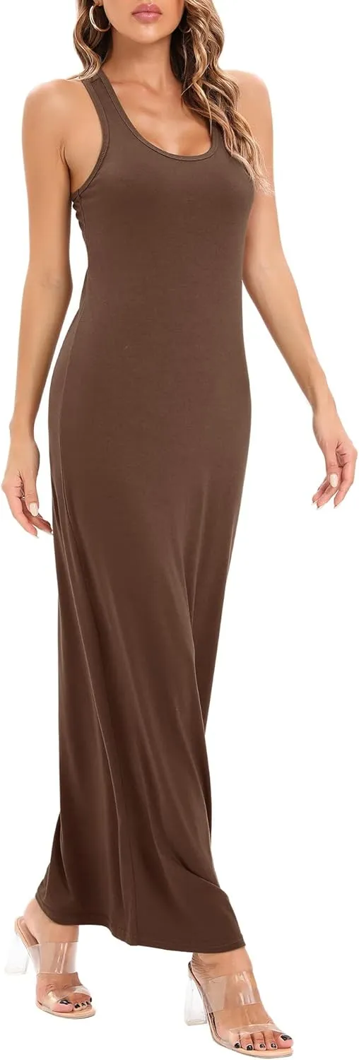 Roselux Women Sleeveless Scoop Neck Striped Maxi Sundresses Loose Racerback Long Dress