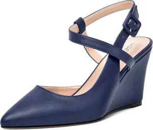 ROSERWISH Womens Ankle Strap Buckle Dress Pointed Toe Matte Stylish Bridal Wedge High Heel Pumps Shoes 3.3 Inch