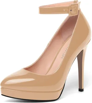 ROSERWISH Womens Ankle Strap Platform Elegant Pointed Toe Night Club Buckle Sexy Patent Stiletto High Heel Pumps Dress Shoes 4.7 Inch