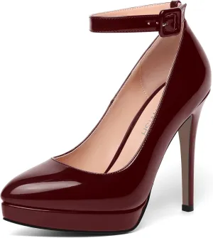 ROSERWISH Womens Ankle Strap Platform Elegant Pointed Toe Night Club Buckle Sexy Patent Stiletto High Heel Pumps Dress Shoes 4.7 Inch