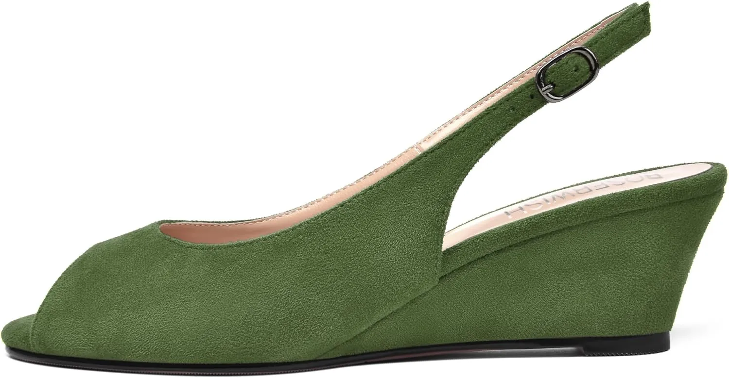ROSERWISH Womens Casual Dating Buckle Stylish Peep Toe Suede Slingback Wedge Low Heel Pumps Shoes 2 Inch
