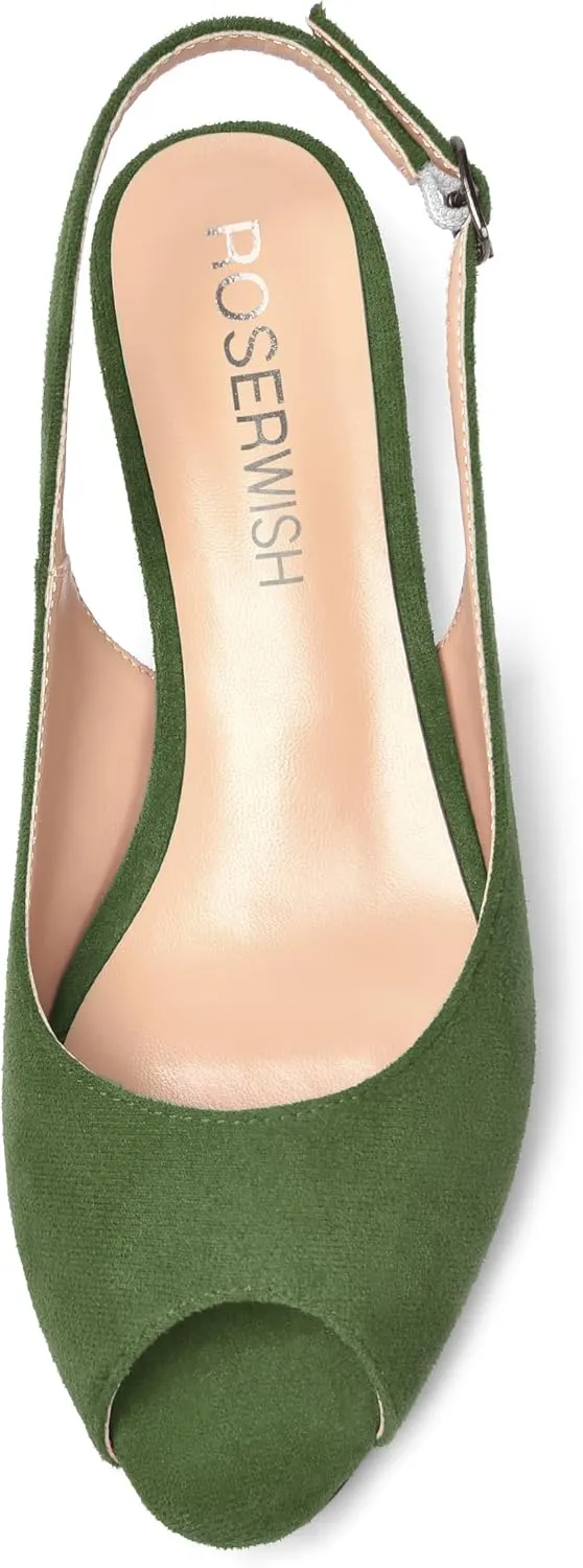 ROSERWISH Womens Casual Dating Buckle Stylish Peep Toe Suede Slingback Wedge Low Heel Pumps Shoes 2 Inch