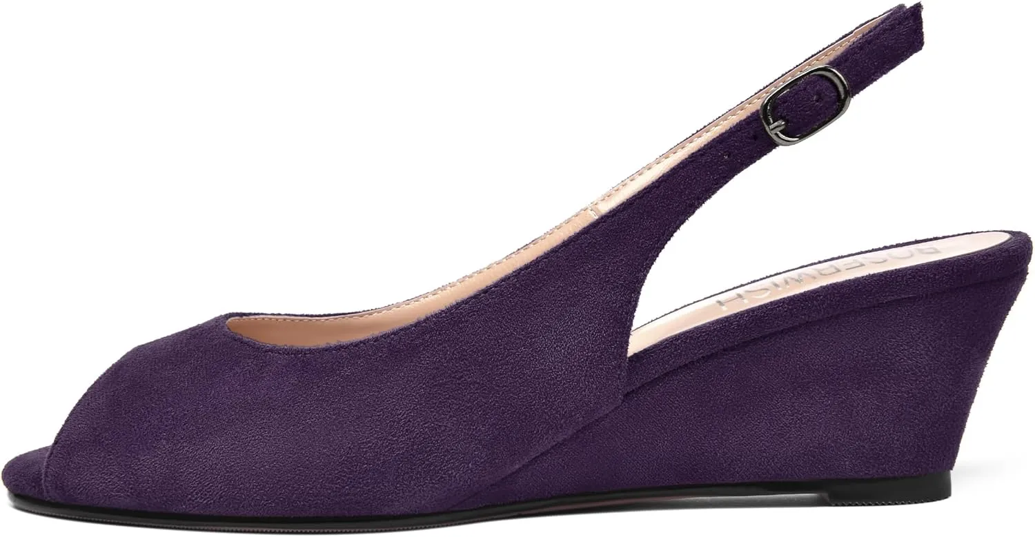 ROSERWISH Womens Casual Dating Buckle Stylish Peep Toe Suede Slingback Wedge Low Heel Pumps Shoes 2 Inch