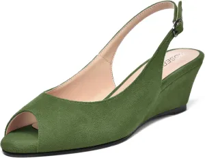 ROSERWISH Womens Casual Dating Buckle Stylish Peep Toe Suede Slingback Wedge Low Heel Pumps Shoes 2 Inch