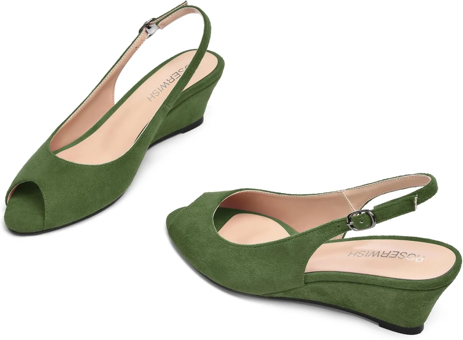 ROSERWISH Womens Casual Dating Buckle Stylish Peep Toe Suede Slingback Wedge Low Heel Pumps Shoes 2 Inch