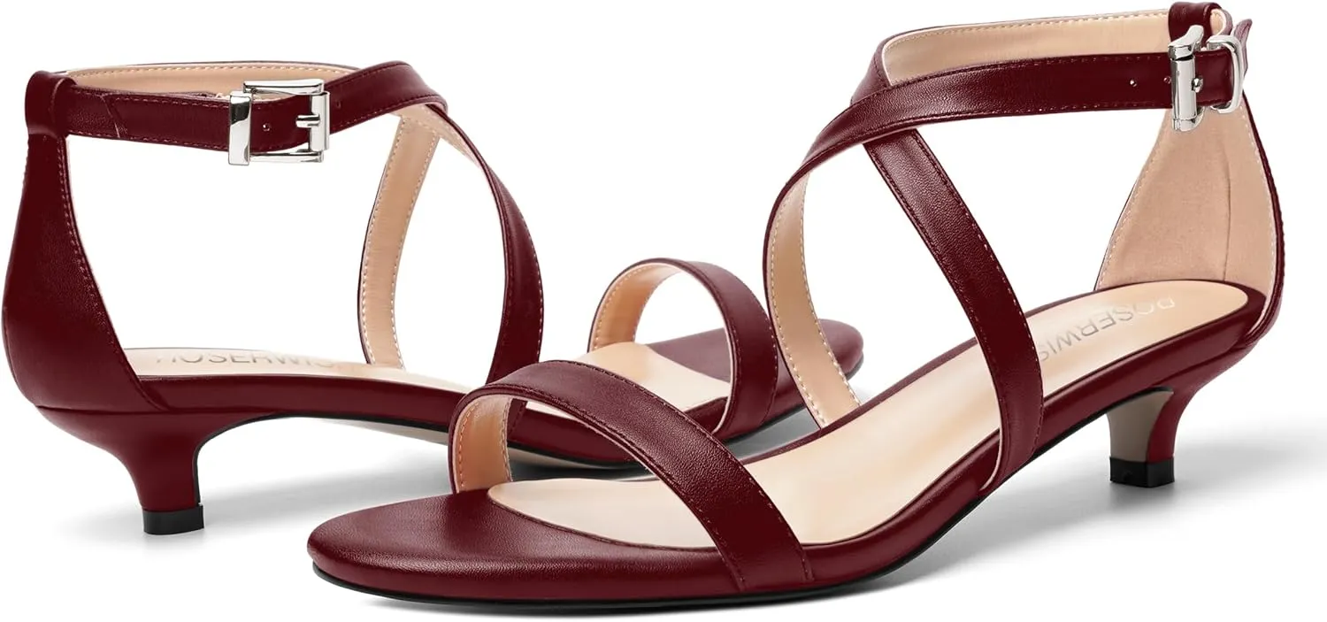ROSERWISH Womens Matte Stylish Ankle Strap Dress Buckle Round Toe Wedding Kitten Low Heel Heeled Sandals 1.5 Inch