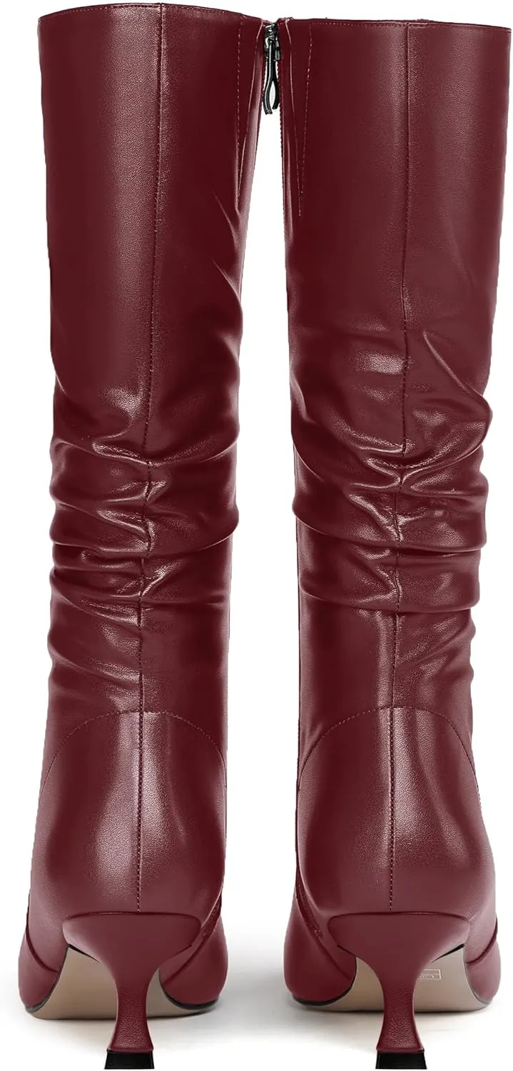 ROSERWISH Womens Party Matte Stylish Casual Zip Pointed Toe Kitten Low Heel Knee High Boots 2 Inch
