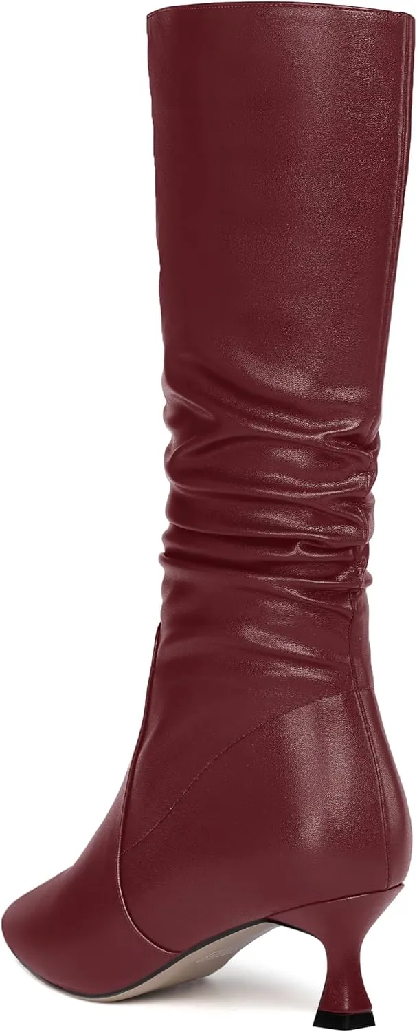 ROSERWISH Womens Party Matte Stylish Casual Zip Pointed Toe Kitten Low Heel Knee High Boots 2 Inch