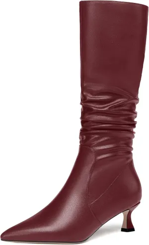 ROSERWISH Womens Party Matte Stylish Casual Zip Pointed Toe Kitten Low Heel Knee High Boots 2 Inch