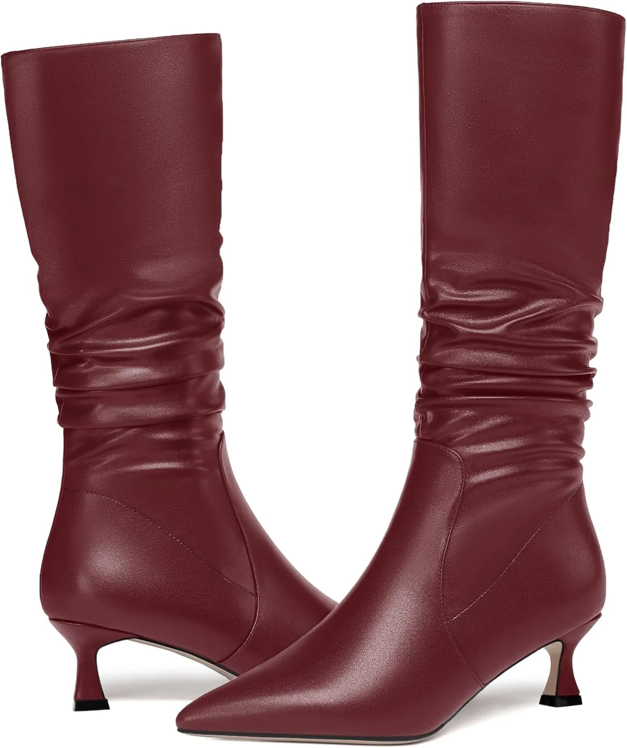 ROSERWISH Womens Party Matte Stylish Casual Zip Pointed Toe Kitten Low Heel Knee High Boots 2 Inch