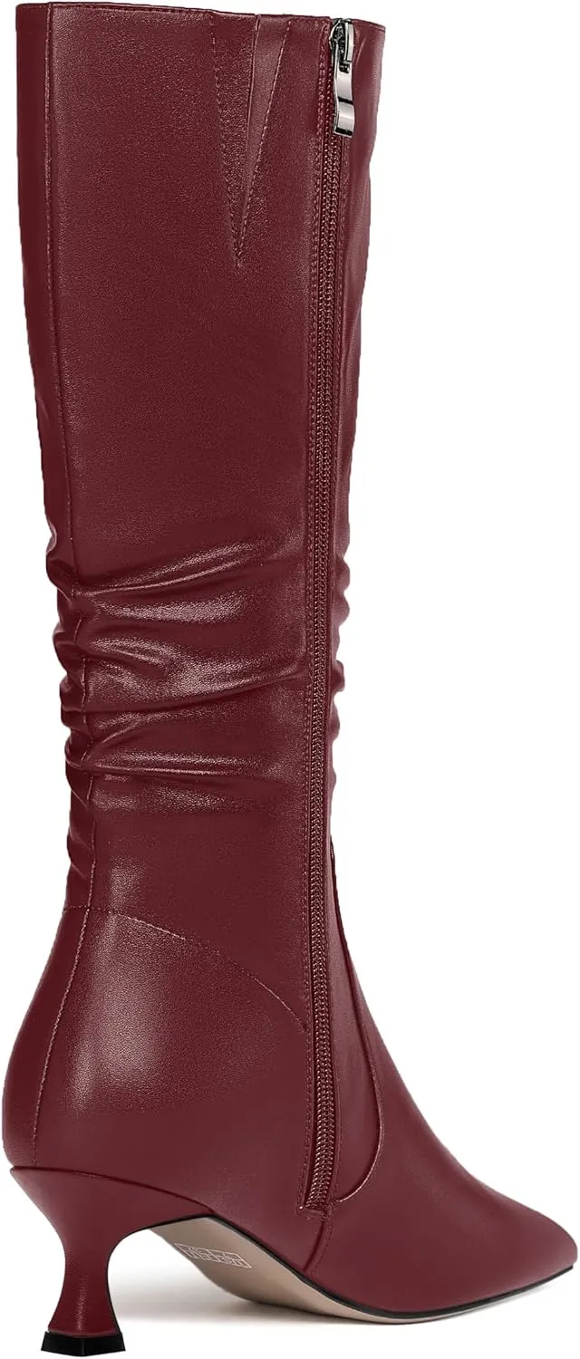 ROSERWISH Womens Party Matte Stylish Casual Zip Pointed Toe Kitten Low Heel Knee High Boots 2 Inch