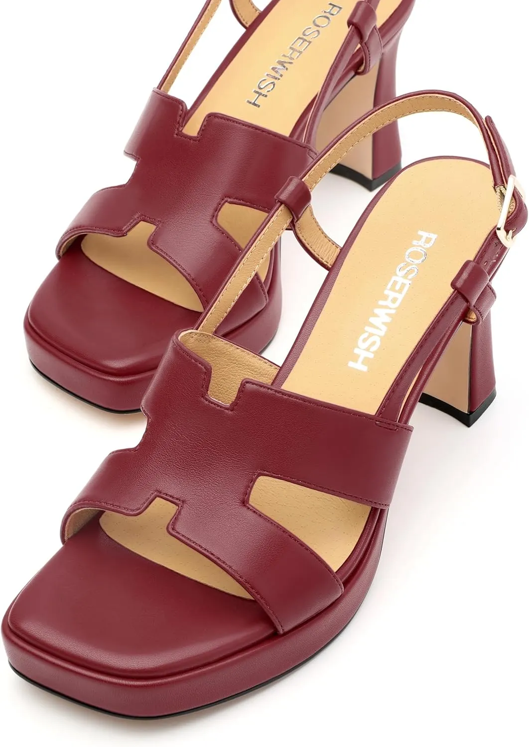 ROSERWISH Womens Platform Heeled Sandals, Open Square Toe Chunky Heels, Strappy Sandals for Women, Leather Insole Dress Shoes for Prom Weeding Bride Party 3.5"
