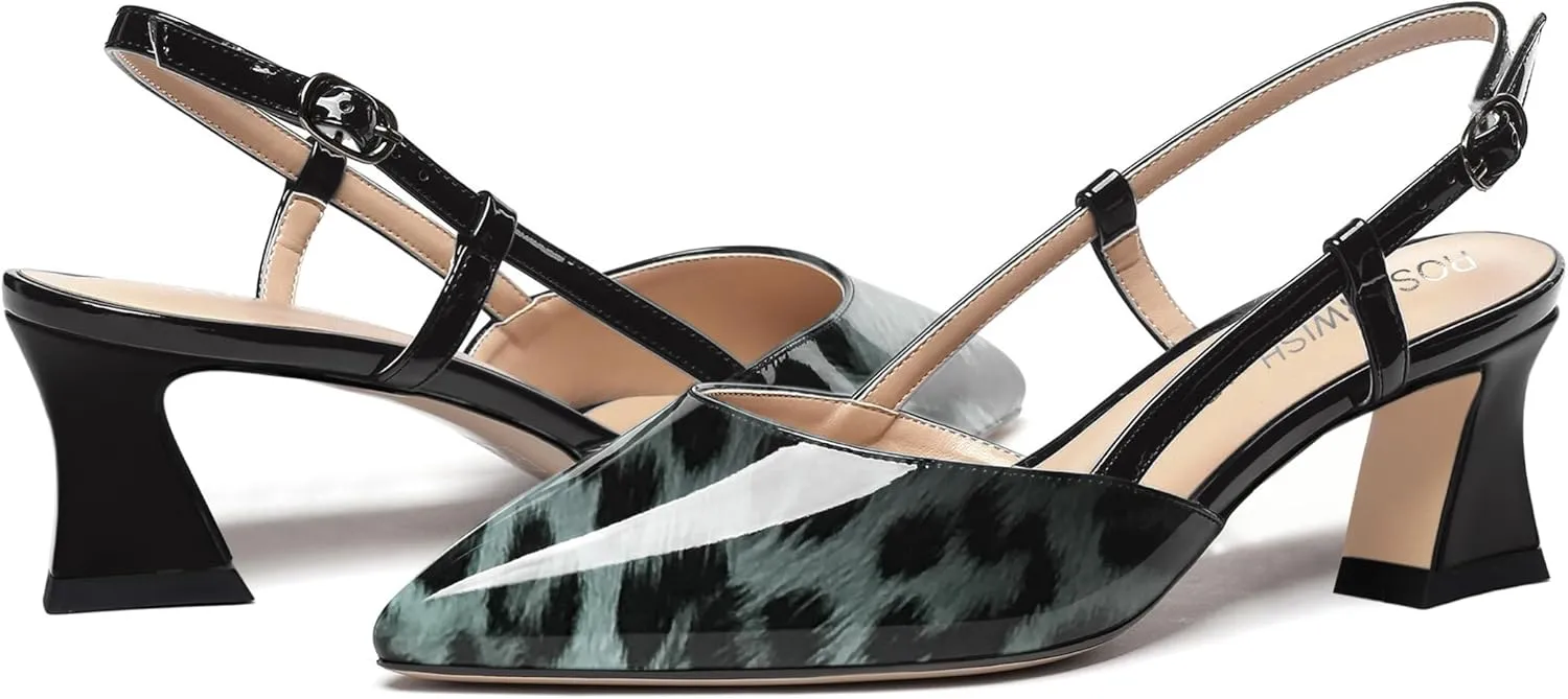 ROSERWISH Womens Slingback Dress Pointed Toe Buckle Stylish Patent Dating Chunky Low Heel Pumps Shoes 2 Inch