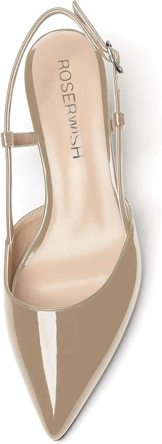 ROSERWISH Womens Slingback Dress Pointed Toe Buckle Stylish Patent Dating Chunky Low Heel Pumps Shoes 2 Inch