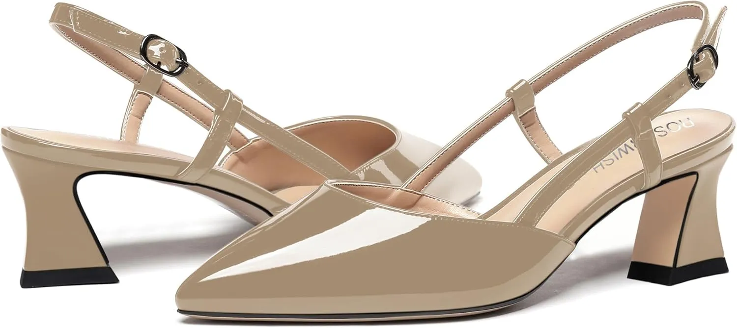 ROSERWISH Womens Slingback Dress Pointed Toe Buckle Stylish Patent Dating Chunky Low Heel Pumps Shoes 2 Inch