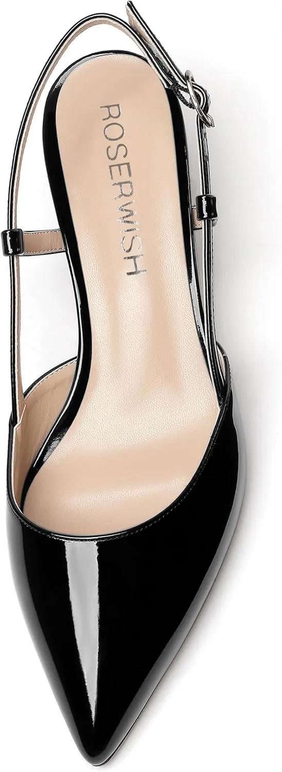 ROSERWISH Womens Slingback Dress Pointed Toe Buckle Stylish Patent Dating Chunky Low Heel Pumps Shoes 2 Inch