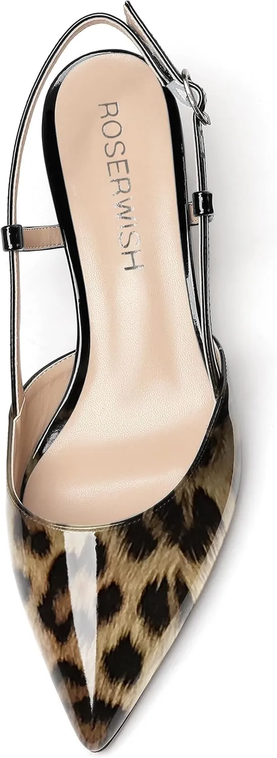ROSERWISH Womens Slingback Dress Pointed Toe Buckle Stylish Patent Dating Chunky Low Heel Pumps Shoes 2 Inch