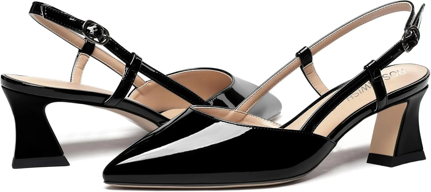 ROSERWISH Womens Slingback Dress Pointed Toe Buckle Stylish Patent Dating Chunky Low Heel Pumps Shoes 2 Inch