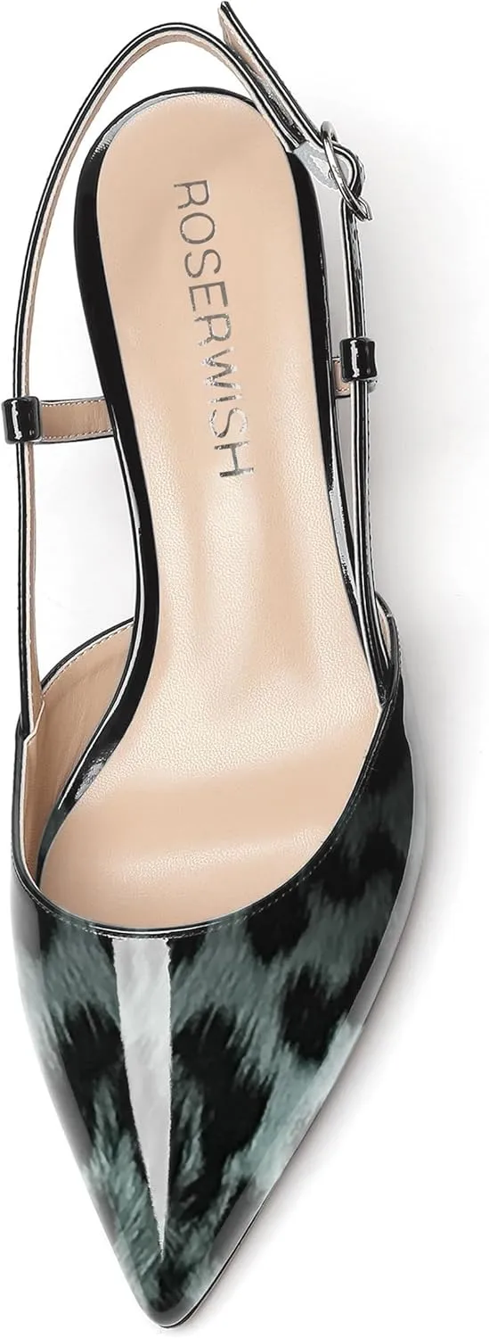 ROSERWISH Womens Slingback Dress Pointed Toe Buckle Stylish Patent Dating Chunky Low Heel Pumps Shoes 2 Inch