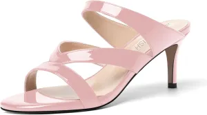 ROSERWISH Womens Strappy Slip On Patent Stylish Party Casual Open Toe Stiletto Mid Heel Heeled Sandals 2.5 Inch